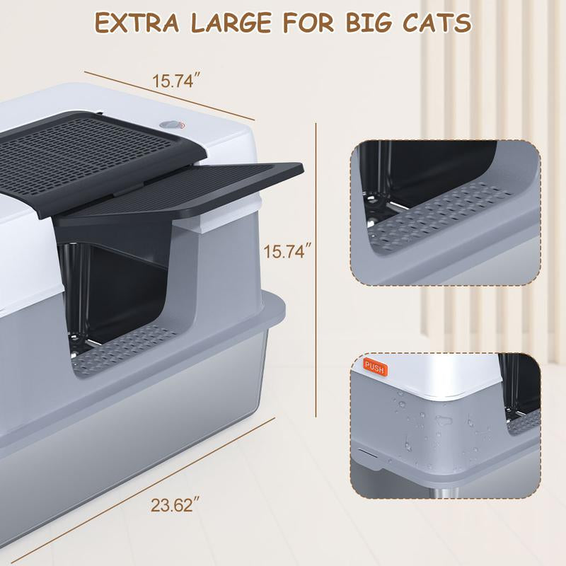 Stainless Steel Cat Litter Box with Lid, XL Extra Large Litter Box for Big Cats, Enclosed Removable Metal Litter Box with High Sided Enclosure & Scoop, Anti-Leakage, Non-Sticky, Easy Cleaning (Grey)