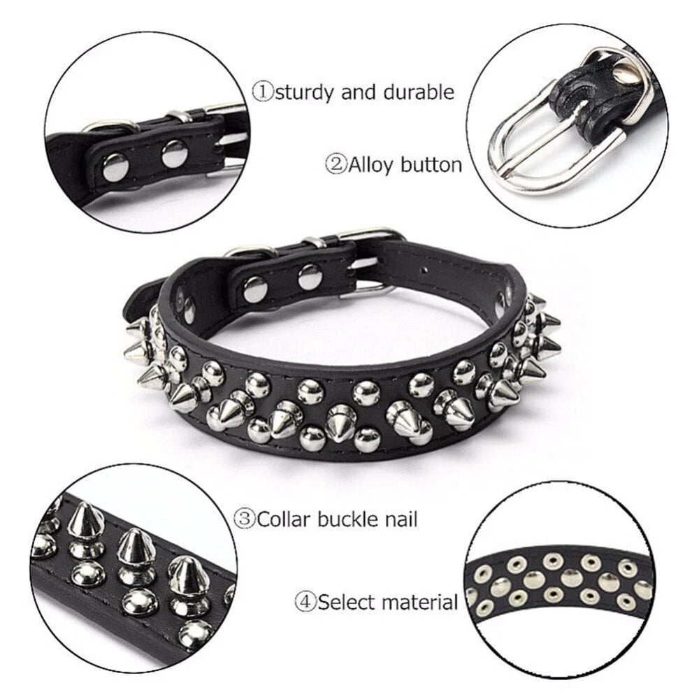 Adjustable Spiked Studded Leather Dog Collar for Small and Large Breeds, Including Cats and Pit Bulls