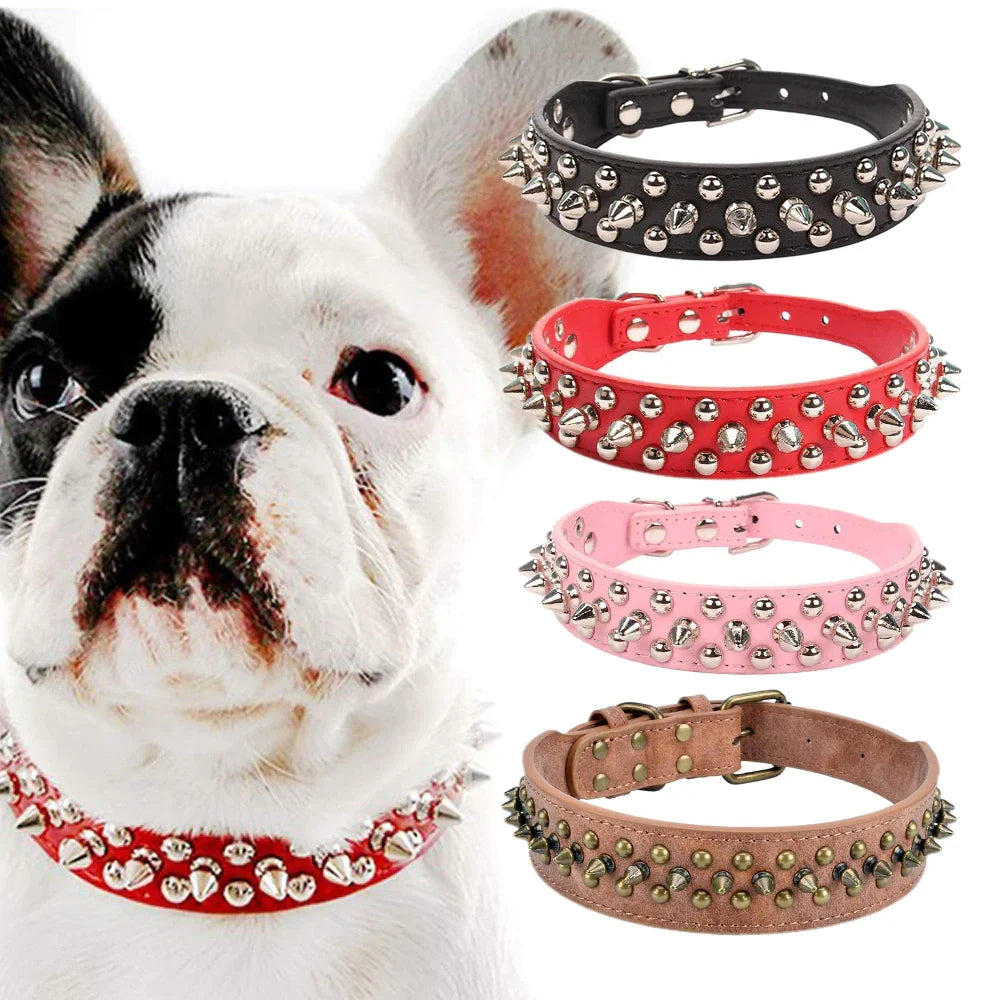 Adjustable Spiked Studded Leather Dog Collar for Small and Large Breeds, Including Cats and Pit Bulls