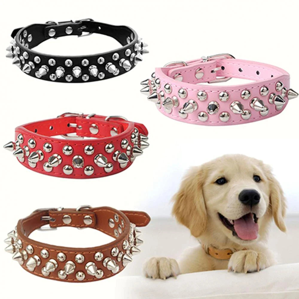 Adjustable Spiked Studded Leather Dog Collar for Small and Large Breeds, Including Cats and Pit Bulls