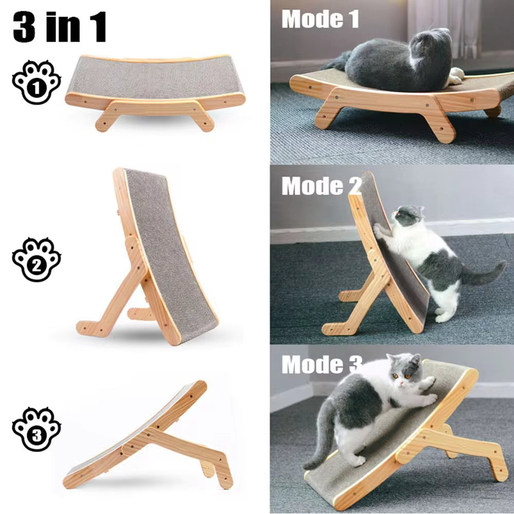 3-in-1 Wooden Cat Scratcher and Lounge Bed - Detachable Scratching Post for Claw Training and Play