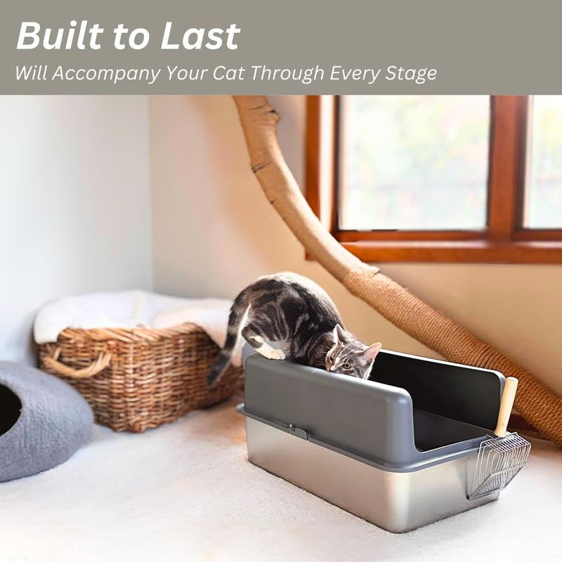 XL Stainless Steel Cat Litter Box Enclosure with High Sided Tall Hooded Lid for Odor Control anti Leakage Rust Free Suitable for Large Cats Multicat Households Includes Metal Litter Scoop