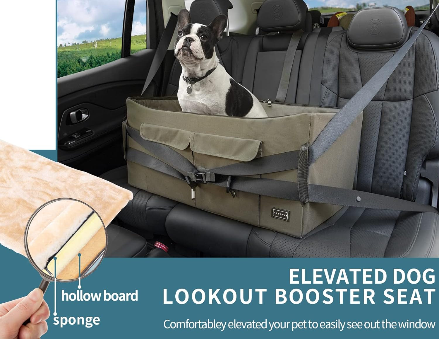 Premium Dog Booster Seat for Two Small Dogs or One Medium Dog up to 45 lbs, Spacious Car Seat with Dual Storage Pockets for Cars, Trucks, and SUVs (Large, Dark Brown)