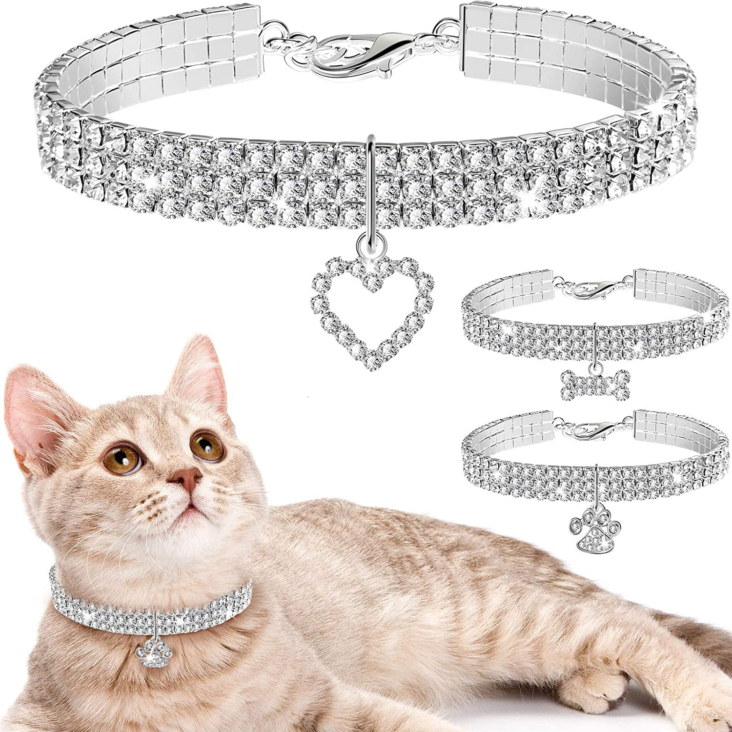 3 Pieces Bling Rhinestones Pet Collars Glitter Pendant Dog Collars Adjustable Crystal Cat Collar Elastic Pet Necklace for Small Pet Cat Dogs Puppy (White)