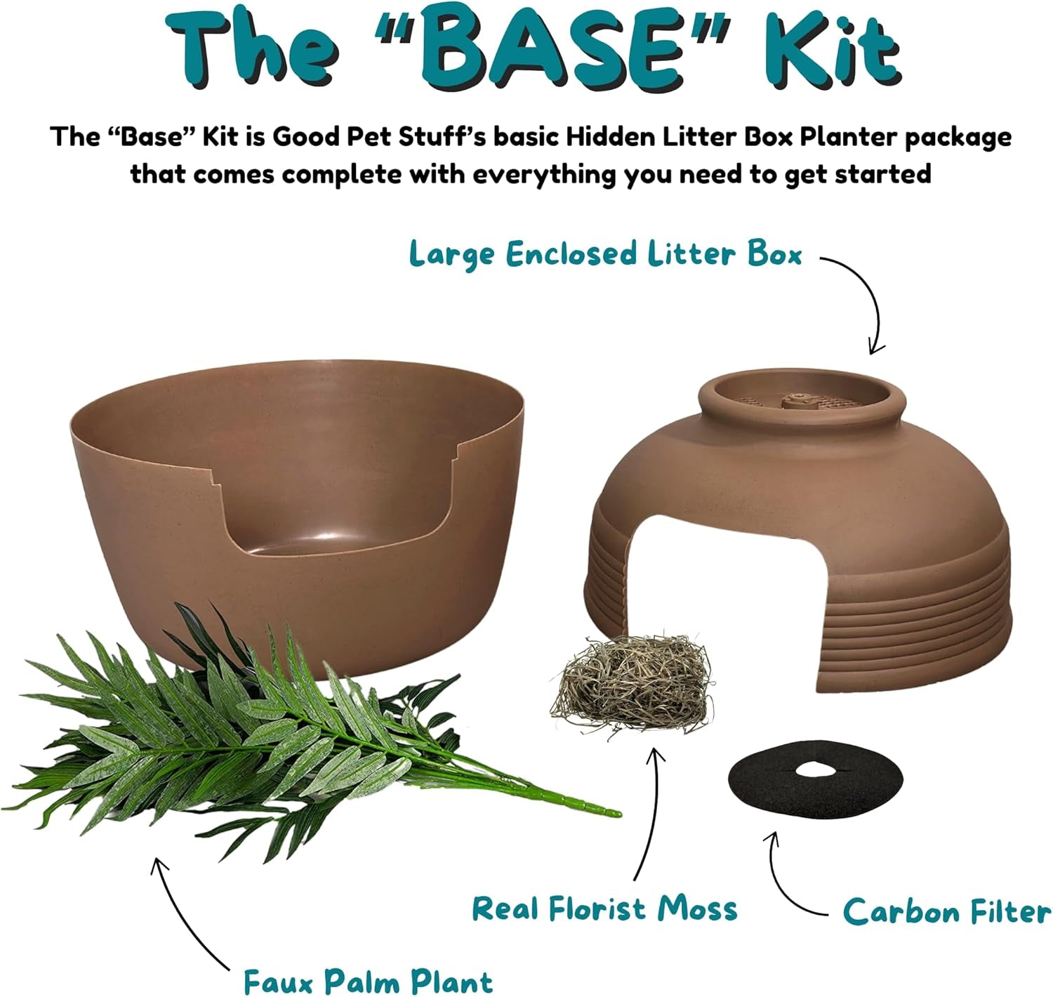 Hidden Litter Box Base Kit, round Enclosed Cat Planter Furniture with Fake Plant, Hooded Vented Carbon Filter System for Odor Control, Easy to Clean, Made in USA, Mocha Brown