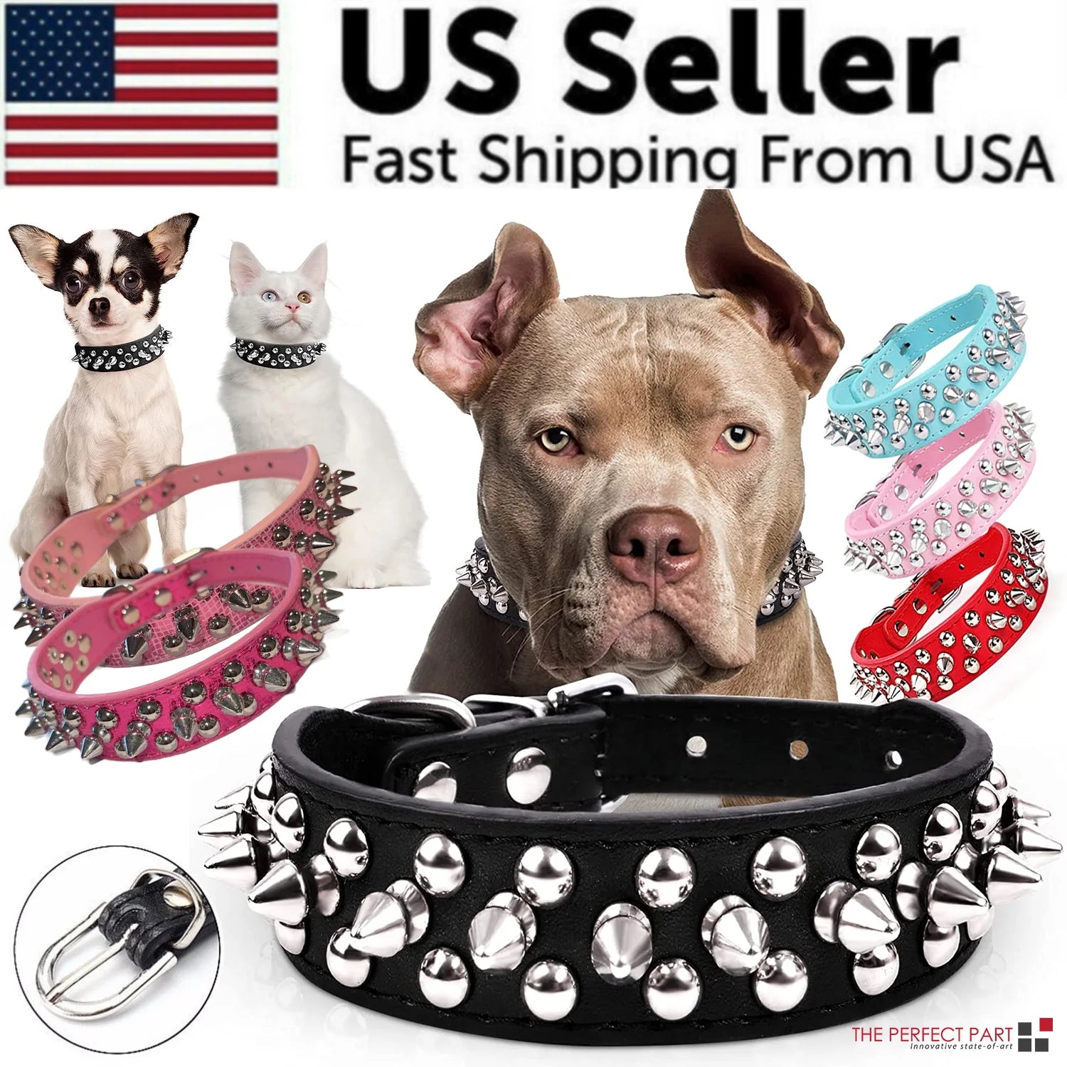 Adjustable Spiked Studded Leather Dog Collar for Small and Large Breeds, Including Cats and Pit Bulls