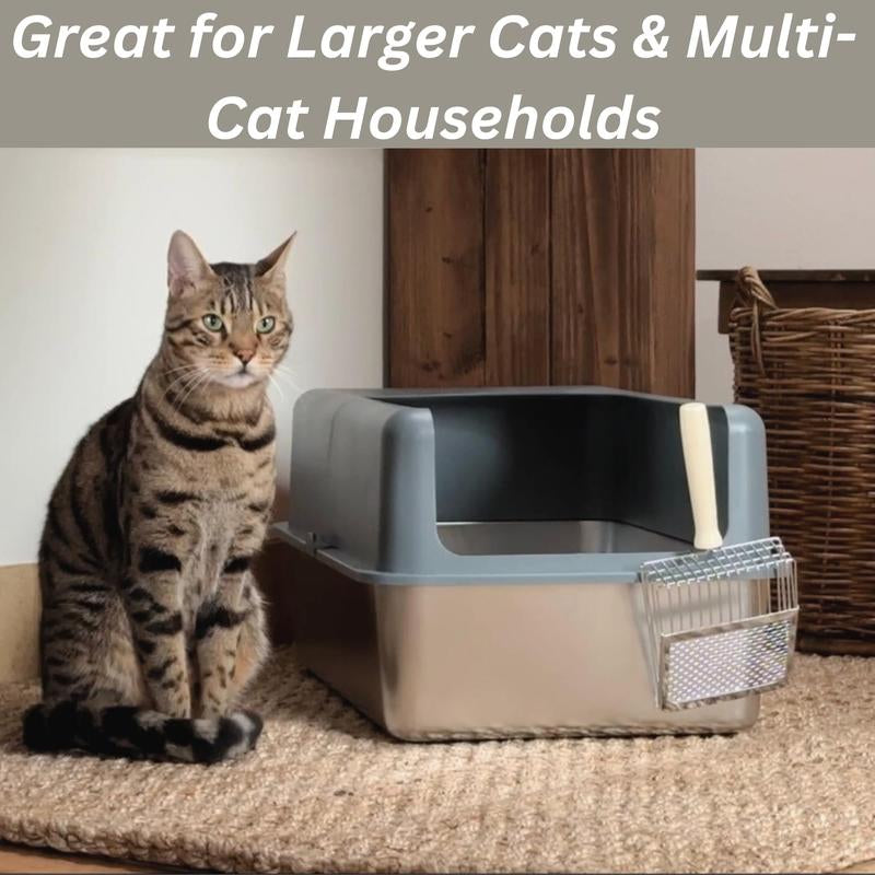 XL Stainless Steel Cat Litter Box Enclosure with High Sided Tall Hooded Lid for Odor Control anti Leakage Rust Free Suitable for Large Cats Multicat Households Includes Metal Litter Scoop