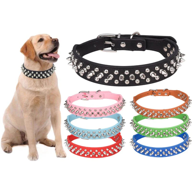 Adjustable Spiked Studded Leather Dog Collar for Small and Large Breeds, Including Cats and Pit Bulls