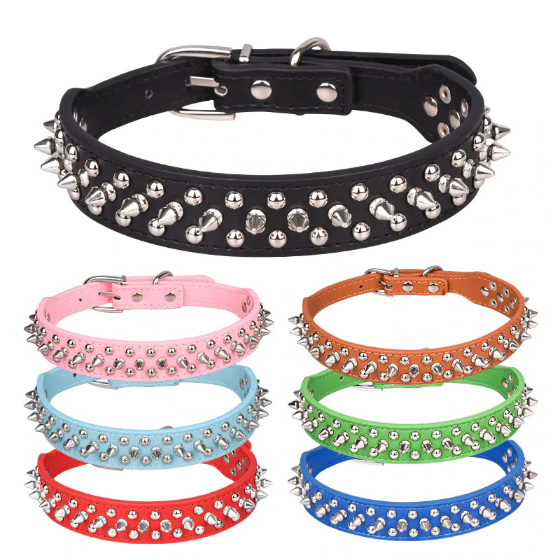 Adjustable Spiked Studded Leather Dog Collar for Small and Large Breeds, Including Cats and Pit Bulls