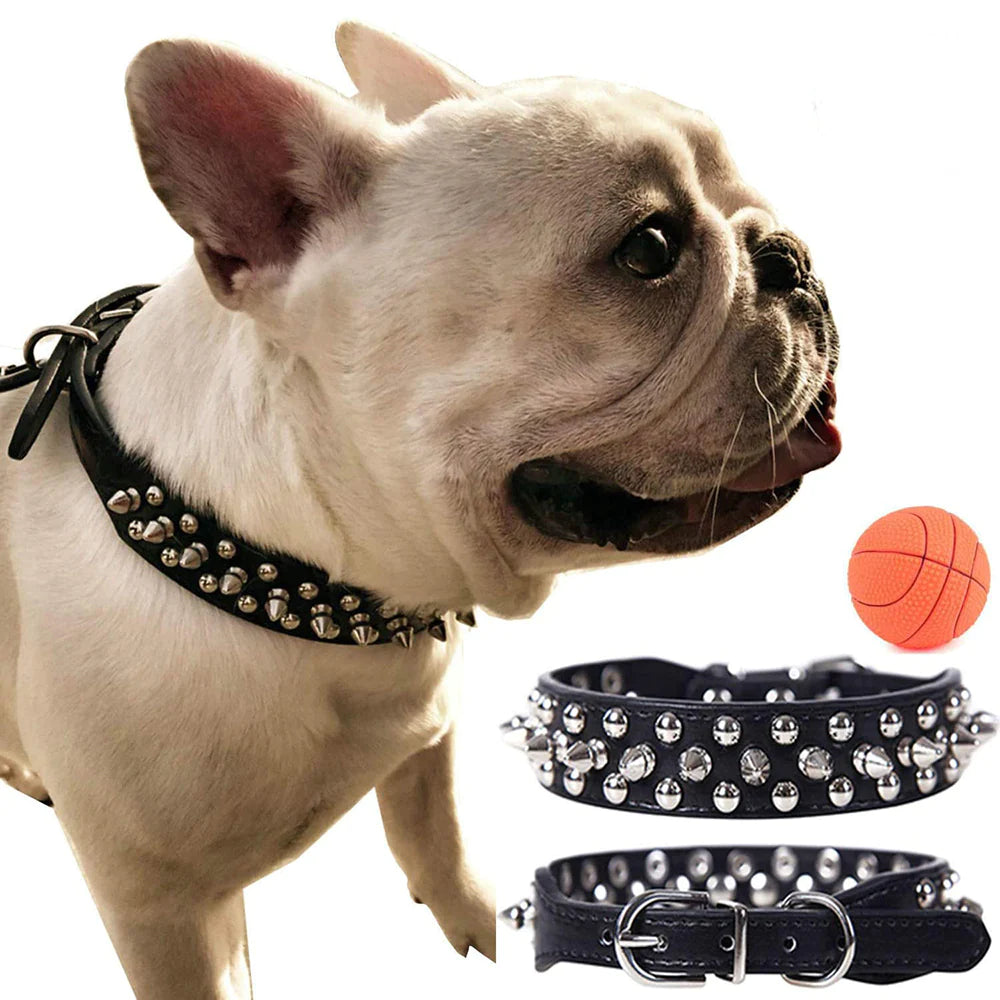 Adjustable Spiked Studded Leather Dog Collar for Small and Large Breeds, Including Cats and Pit Bulls