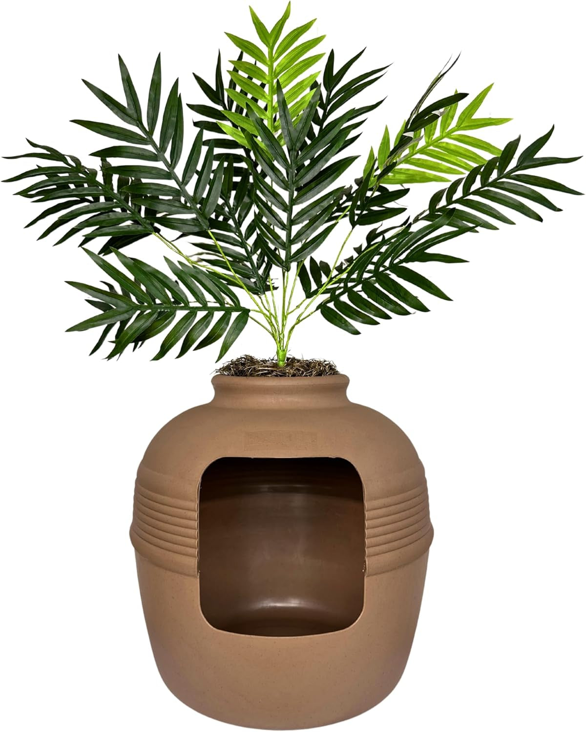 Hidden Litter Box Base Kit, round Enclosed Cat Planter Furniture with Fake Plant, Hooded Vented Carbon Filter System for Odor Control, Easy to Clean, Made in USA, Mocha Brown