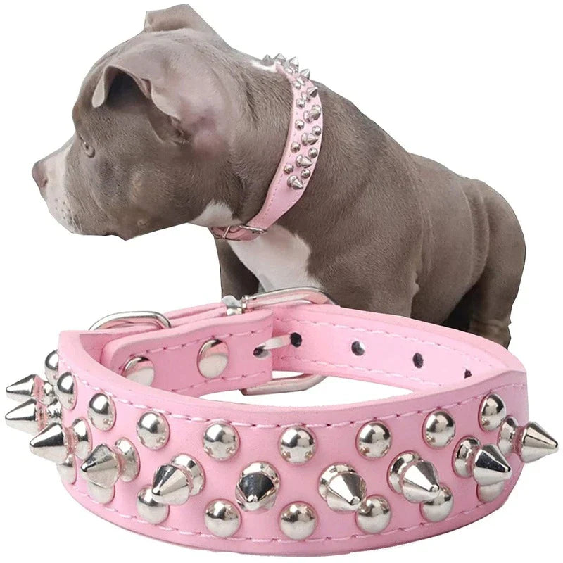 Adjustable Spiked Studded Leather Dog Collar for Small and Large Breeds, Including Cats and Pit Bulls