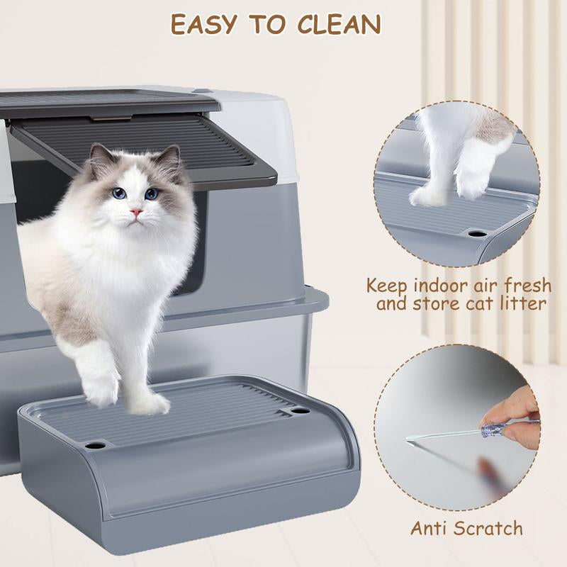 Stainless Steel Cat Litter Box with Lid, XL Extra Large Litter Box for Big Cats, Enclosed Removable Metal Litter Box with High Sided Enclosure & Scoop, Anti-Leakage, Non-Sticky, Easy Cleaning (Grey)